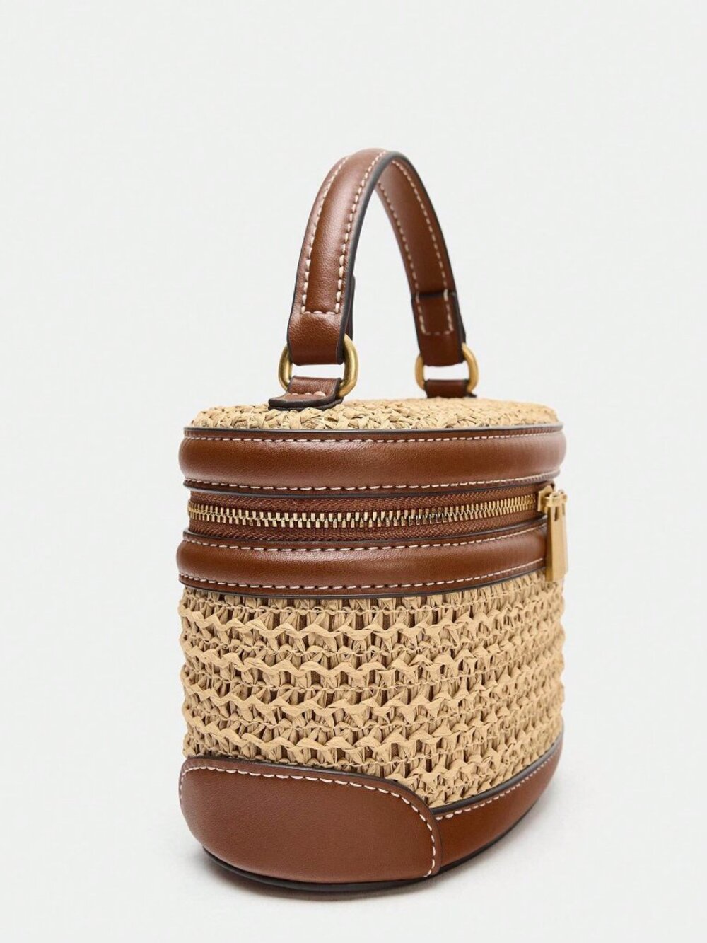 Khaki Vacation Women's Structured faux Leather trim & Woven Crossbody Handbag - Picture 5 of 8